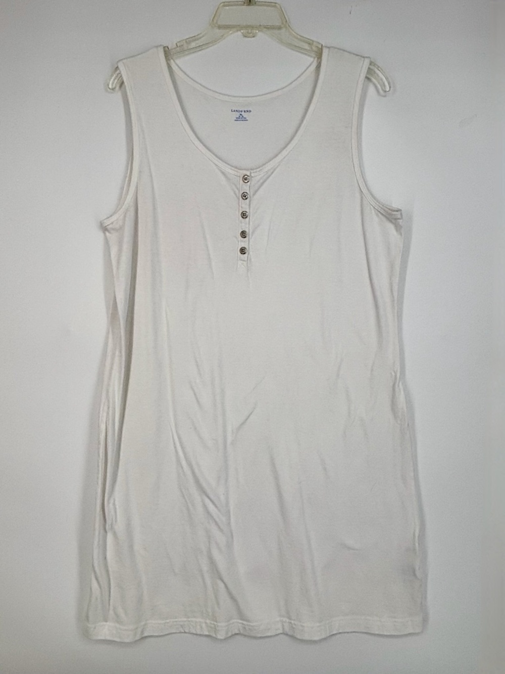 Lands' End Womens XL Beach Dress Swim Suit Cover Up White Knit Henley Sleeveless